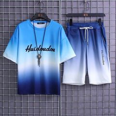 Two-Piece Outfits Set Of Men'S Sports Casual Ice Silk Quick Drying Short Sleeved Shorts Korean Version Gradient T-Shirt M Blue
