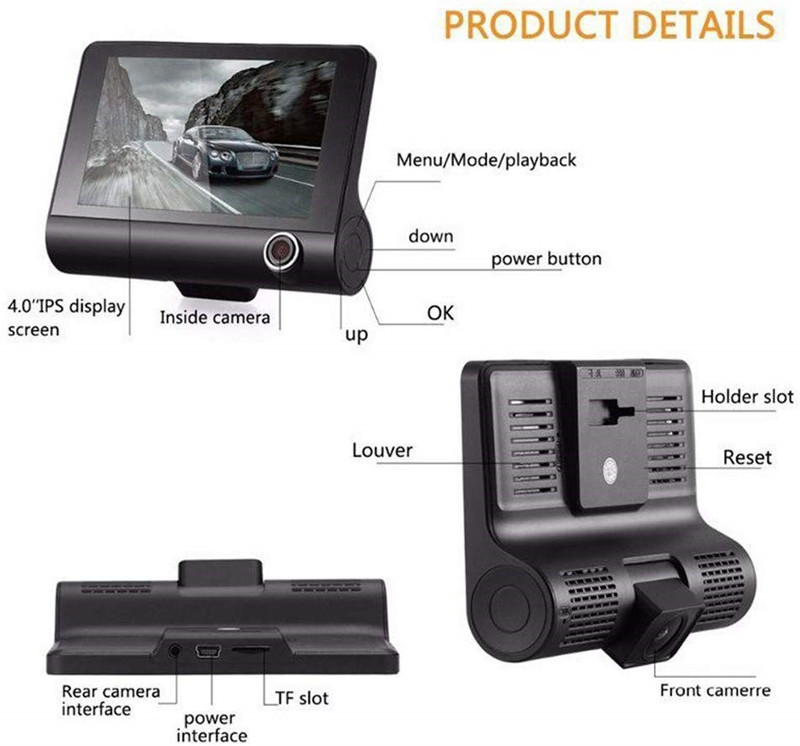 4 Inch Screen Car Driving Recorder,3 Lens HD 1080P Dash Cam 170 Wide Angle DVR with G-sensor