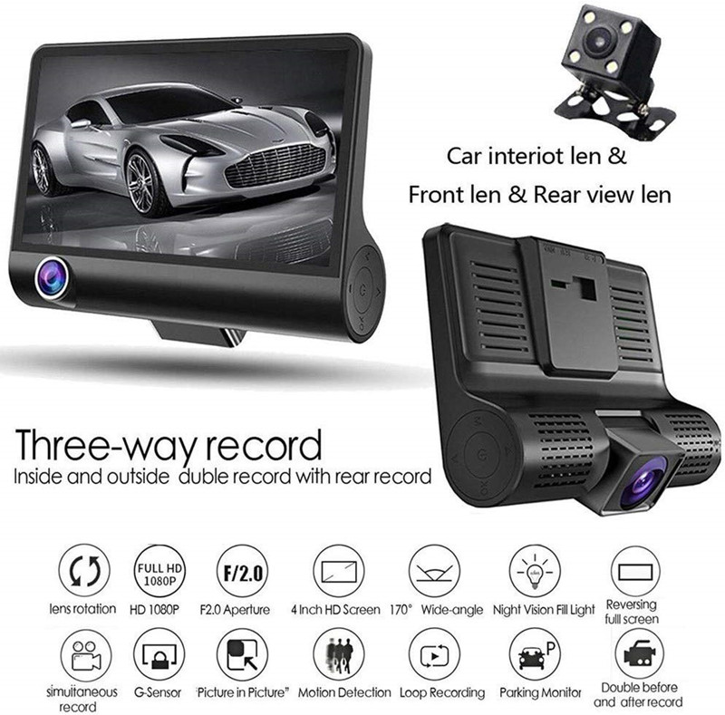 4 Inch Screen Car Driving Recorder,3 Lens HD 1080P Dash Cam 170 Wide Angle DVR with G-sensor