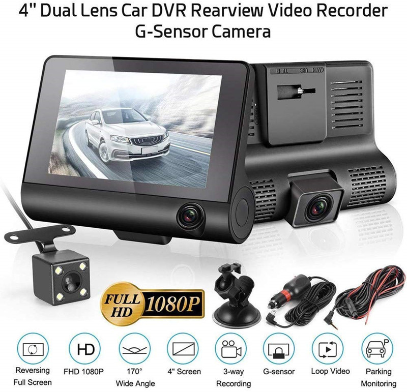 4 Inch Screen Car Driving Recorder,3 Lens HD 1080P Dash Cam 170 Wide Angle DVR with G-sensor