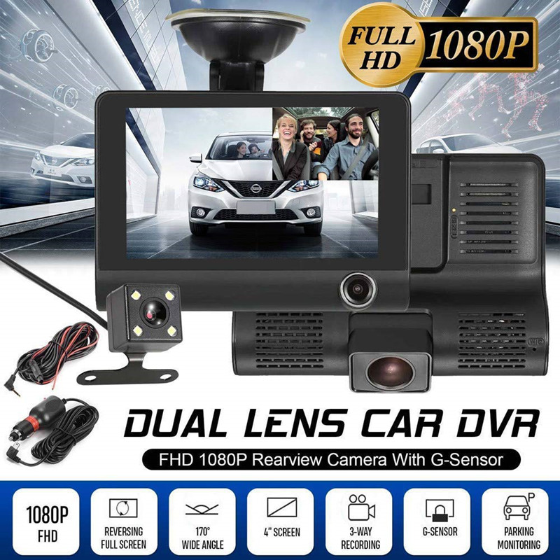 4 Inch Screen Car Driving Recorder,3 Lens HD 1080P Dash Cam 170 Wide Angle DVR with G-sensor
