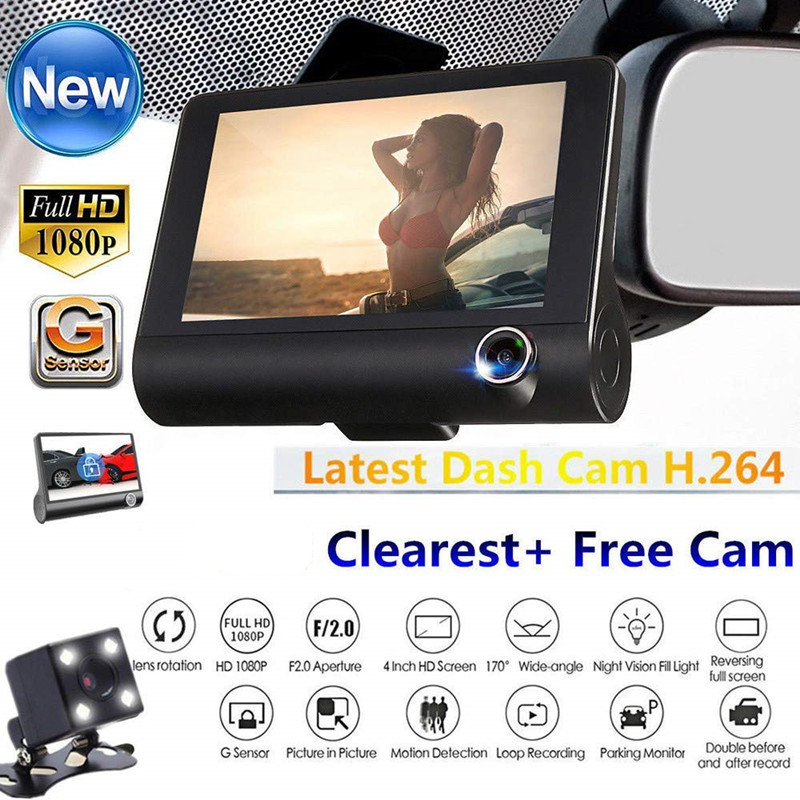 4 Inch Screen Car Driving Recorder,3 Lens HD 1080P Dash Cam 170 Wide Angle DVR with G-sensor