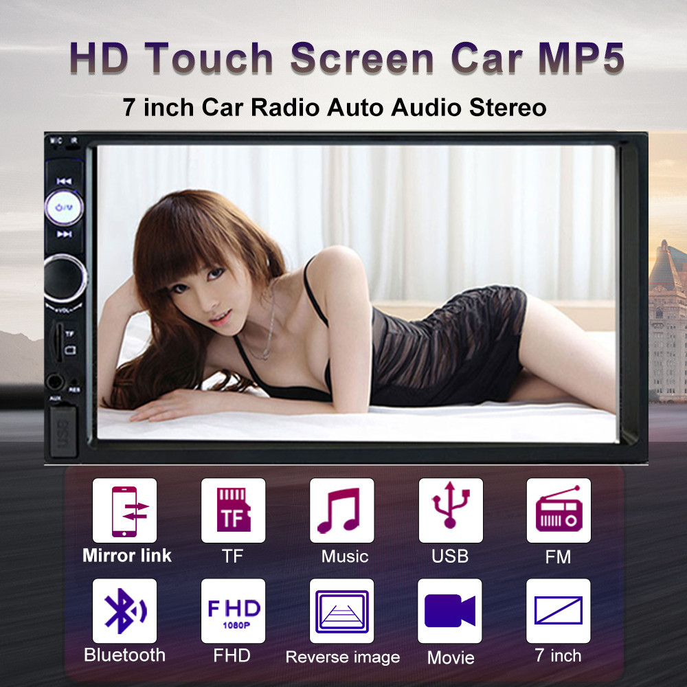2 Din Car Radio,7 Inch HD 1080P Touch Screen Head Unit,Car Receiver MP5/4/3 Video BT Player (7023B)