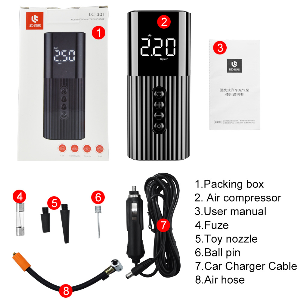 Portable Air Compressor Rechargeable Multipurpose Electric Air Pump with LED Light Digital Tire Pump