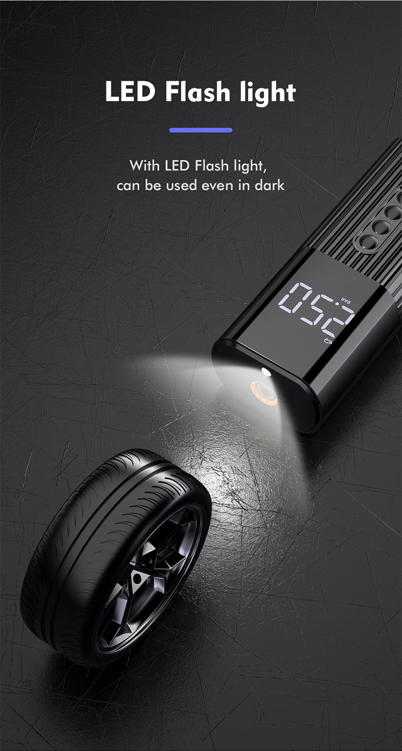 Portable Air Compressor Rechargeable Multipurpose Electric Air Pump with LED Light Digital Tire Pump