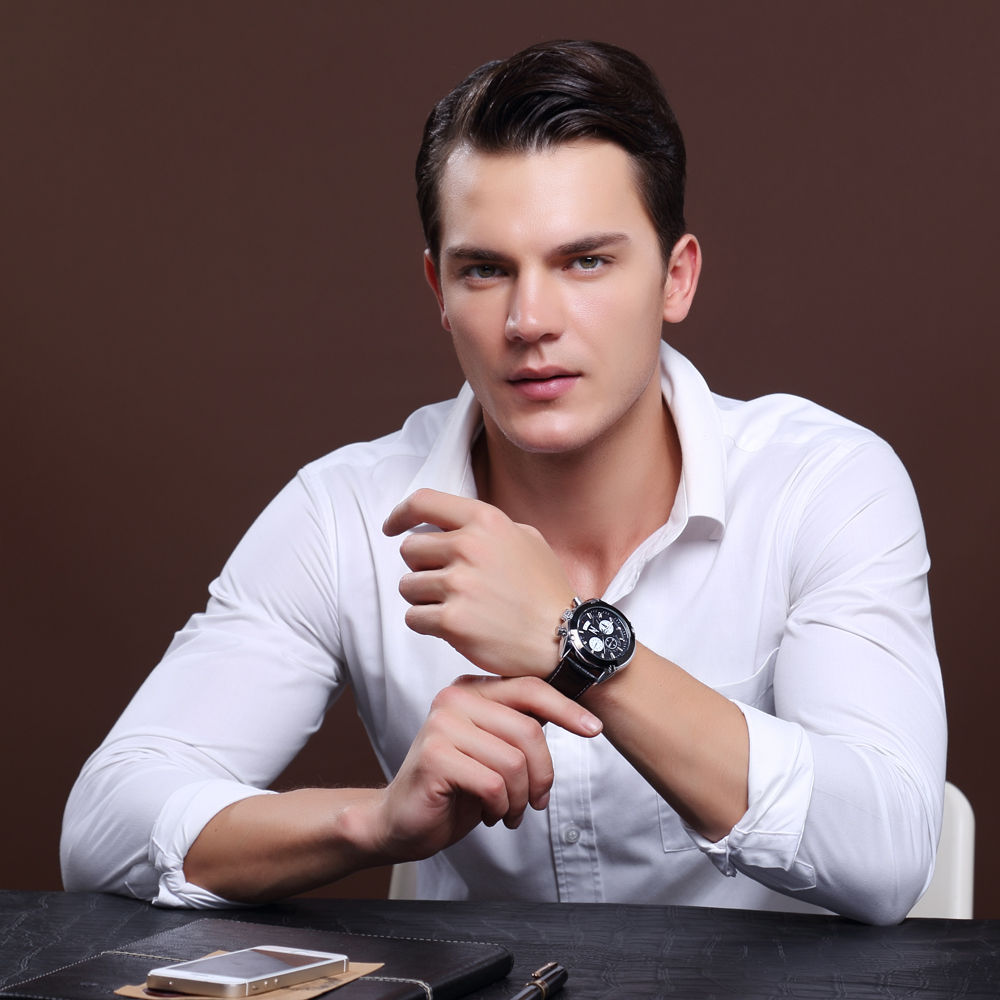 Chronograph Casual Watch Men Quartz Military Sport Watch Genuine Leather Men's Wristwatch