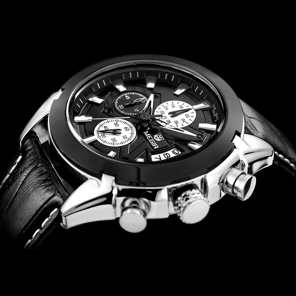 Chronograph Casual Watch Men Quartz Military Sport Watch Genuine Leather Men's Wristwatch