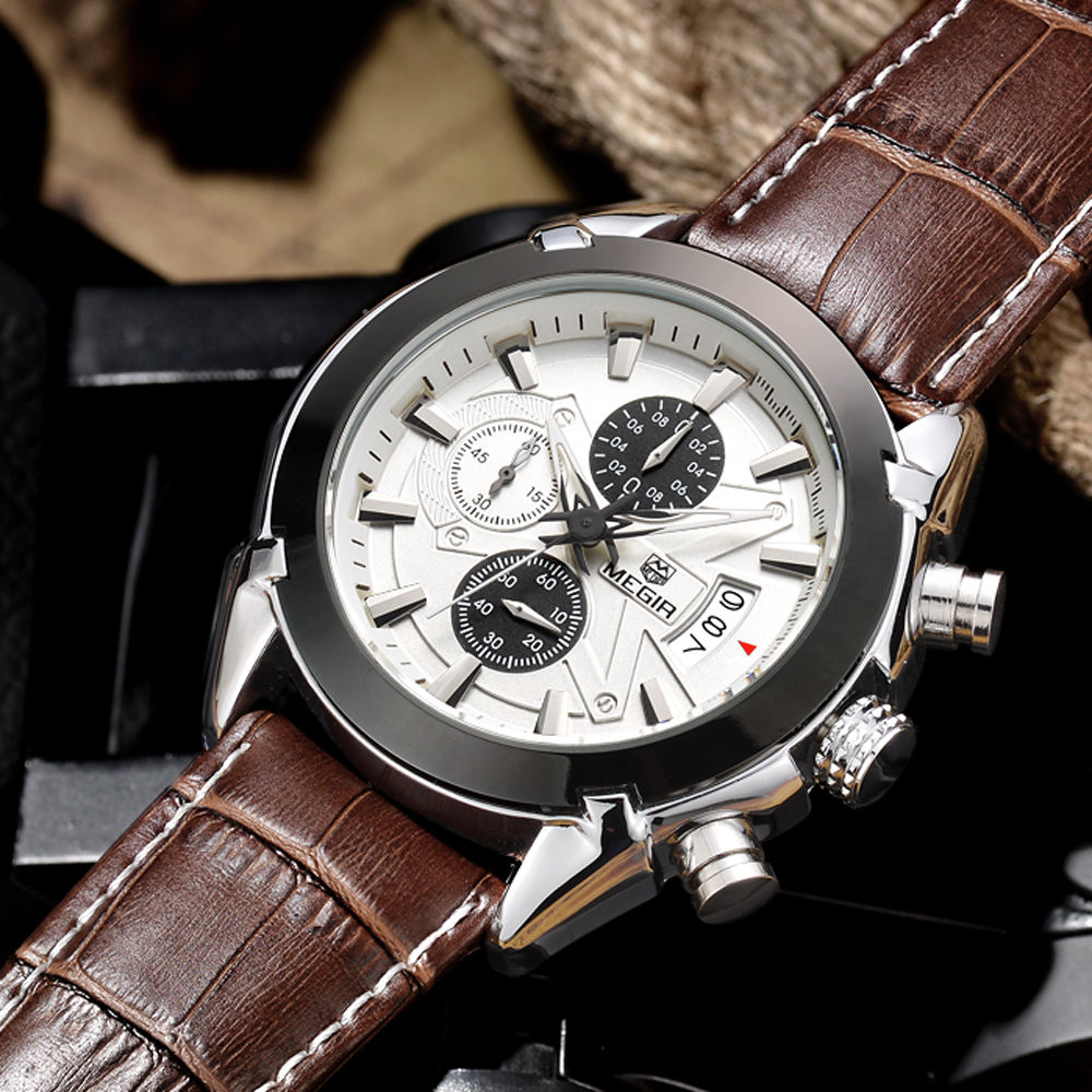 Chronograph Casual Watch Men Quartz Military Sport Watch Genuine Leather Men's Wristwatch