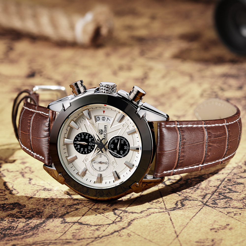 Chronograph Casual Watch Men Quartz Military Sport Watch Genuine Leather Men's Wristwatch