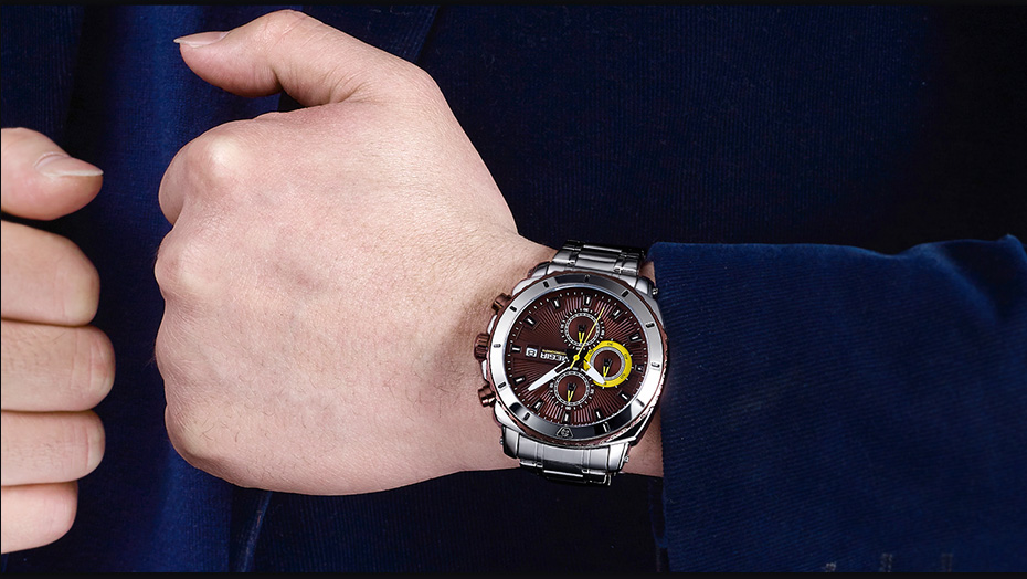 Megir Men's Quartz Watches Stainless Steel Strap Chronograph Wristwatch Waterproof Luminous