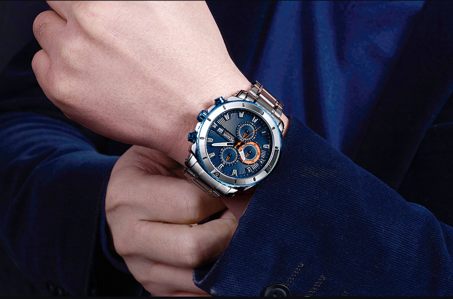 Megir Men's Quartz Watches Stainless Steel Strap Chronograph Wristwatch Waterproof Luminous