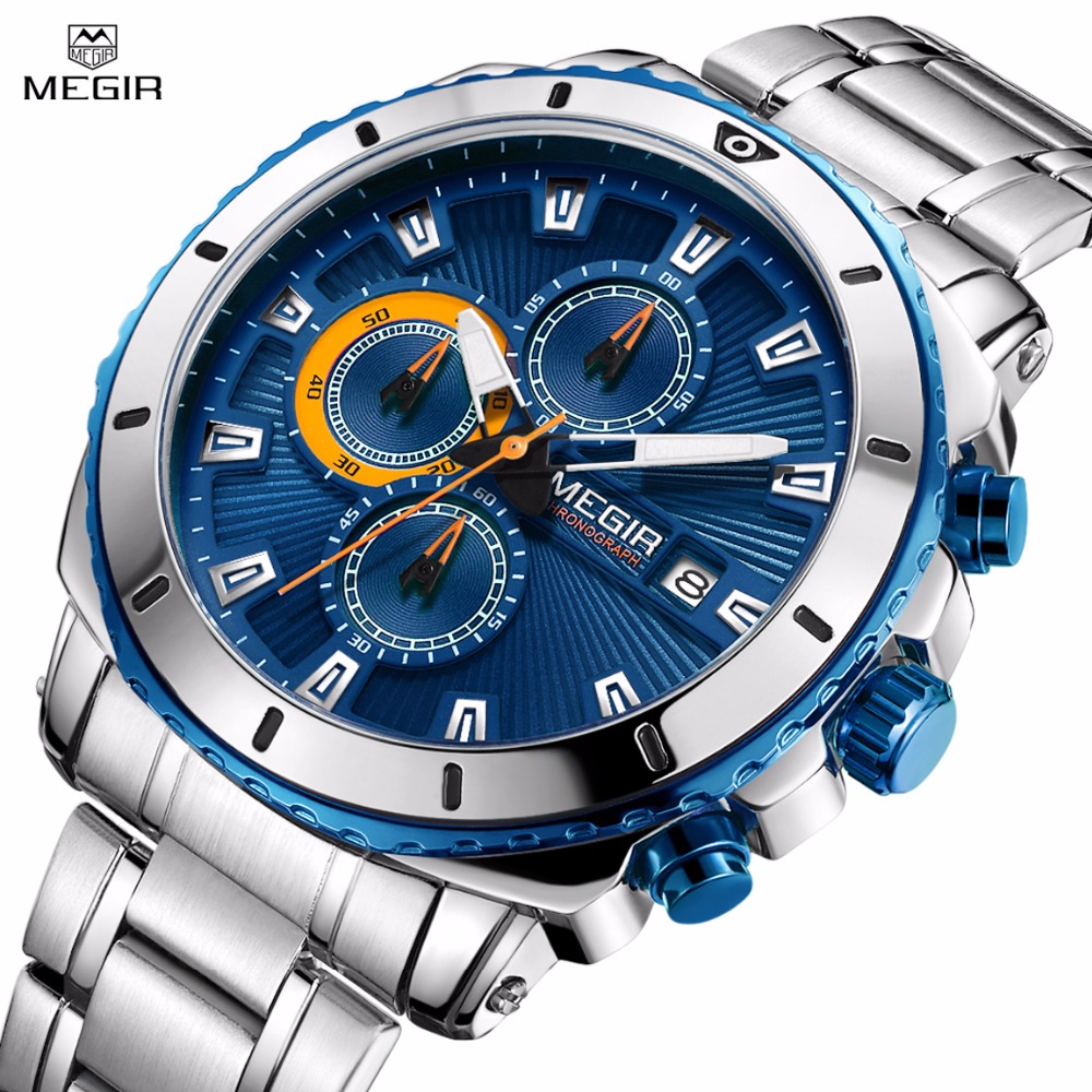 Megir Men's Quartz Watches Stainless Steel Strap Chronograph Wristwatch Waterproof Luminous