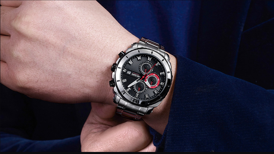 Megir Men's Quartz Watches Stainless Steel Strap Chronograph Wristwatch Waterproof Luminous