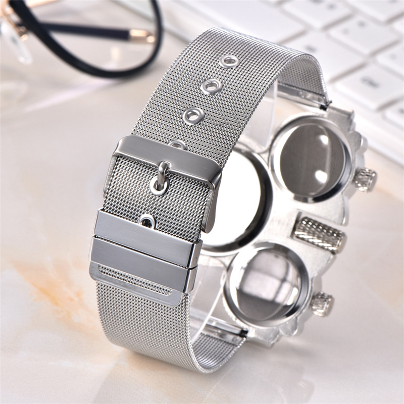 New Three Time Zone Unique Men's Watches Male Quartz Watch Man Casual Mesh Strap Military Wristwatch