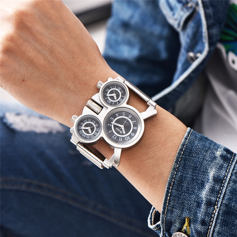 New Three Time Zone Unique Men's Watches Male Quartz Watch Man Casual Mesh Strap Military Wristwatch