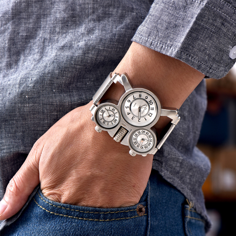 New Three Time Zone Unique Men's Watches Male Quartz Watch Man Casual Mesh Strap Military Wristwatch