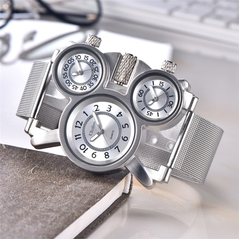 New Three Time Zone Unique Men's Watches Male Quartz Watch Man Casual Mesh Strap Military Wristwatch