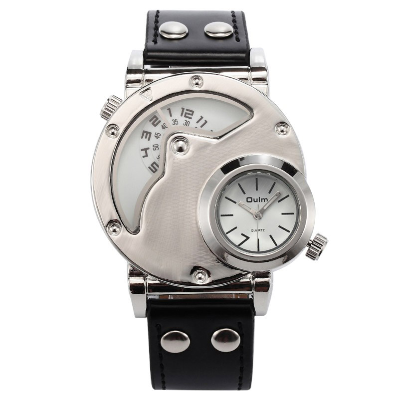 New Style Silver Case Two Time Zone Casual Fashion PU Leather Male Sport Quartz Watch Men Wristwatch