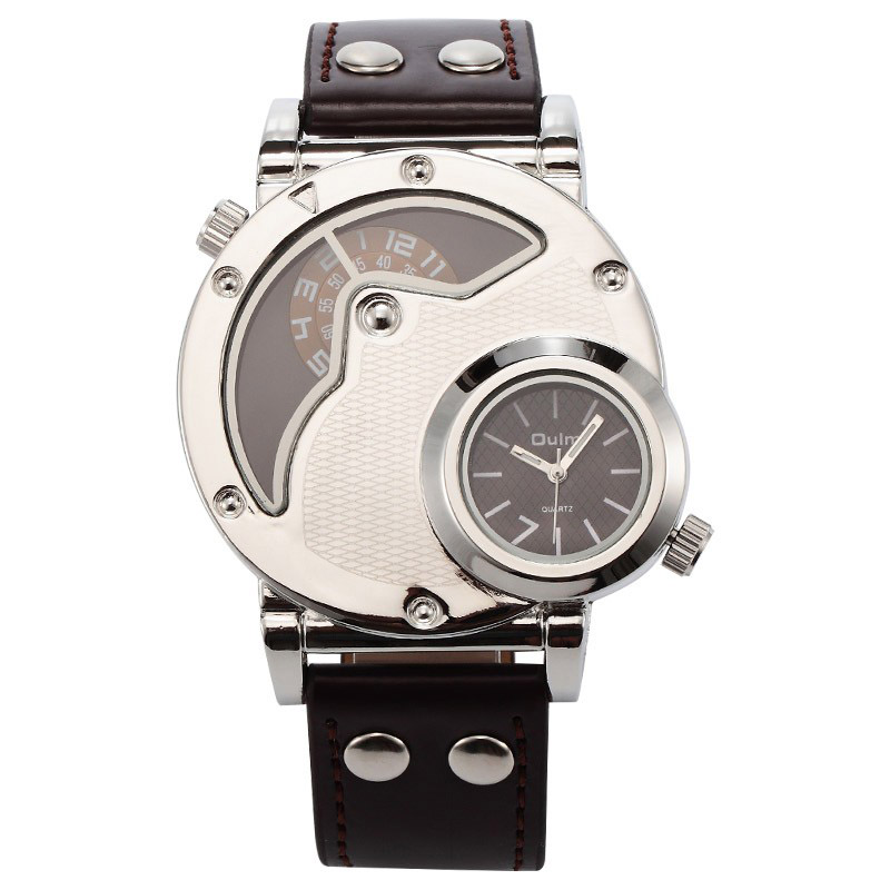 New Style Silver Case Two Time Zone Casual Fashion PU Leather Male Sport Quartz Watch Men Wristwatch