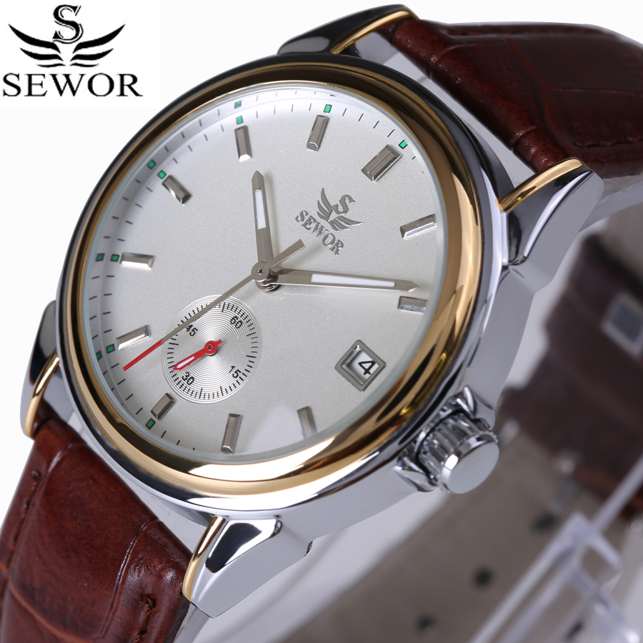 SEWOR Top Brand Fashion Design 4 Hands luxury Men Watches Leather Strap Automatic Mechanical Watch
