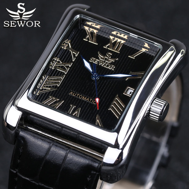Luxury Rectangular Men Watches Automatic Mechanical Watch Roman Display Antique Clock Wrist Watch
