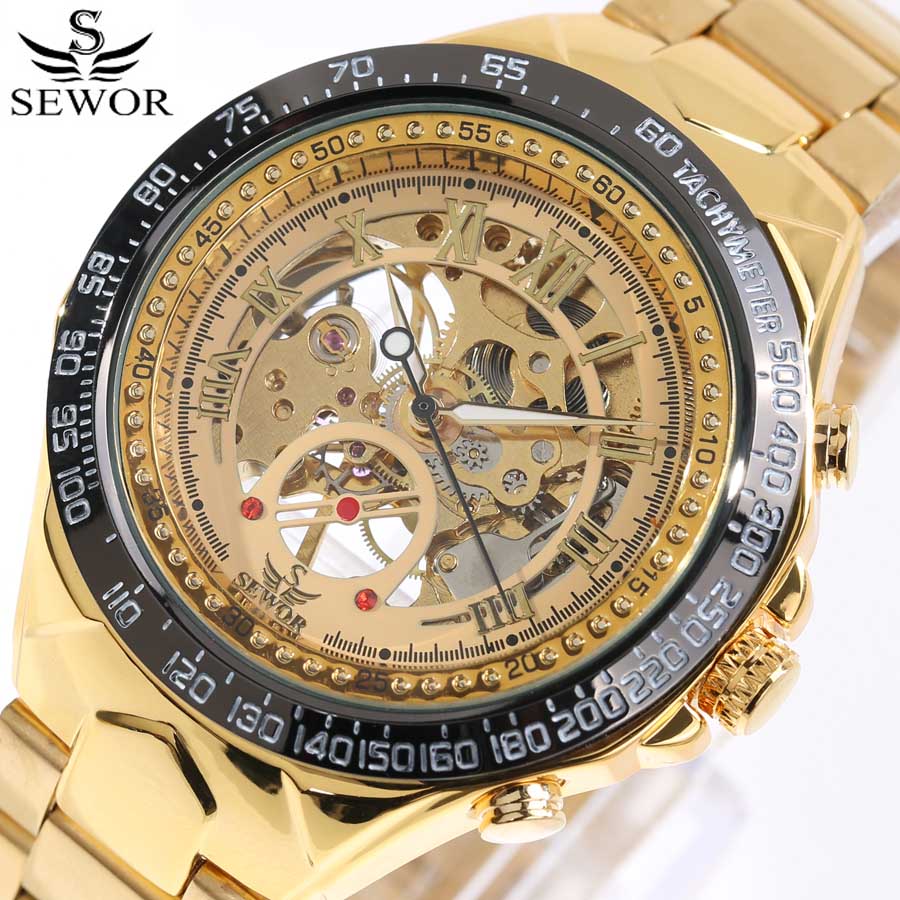 Luxury Watch Men Skeleton Mechanical Watch Gold Skeleton Sports Watch Mens Stainless Steel Straps