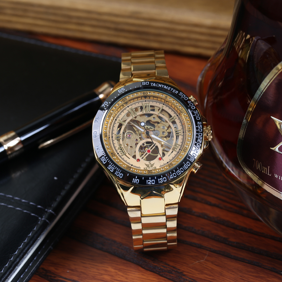 Luxury Watch Men Skeleton Mechanical Watch Gold Skeleton Sports Watch Mens Stainless Steel Straps