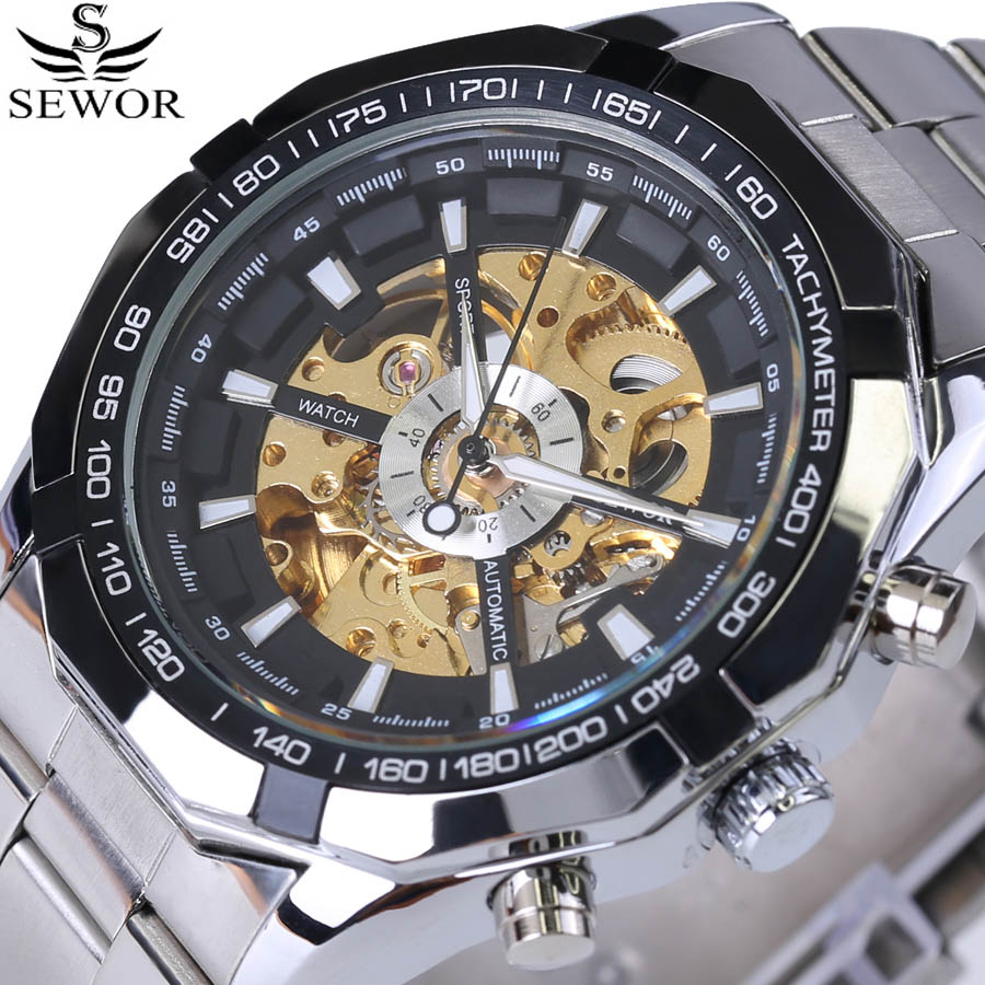 Skeleton Sport Men Watches Automatic Mechanical Military Watch Men Stainless Steel Strap