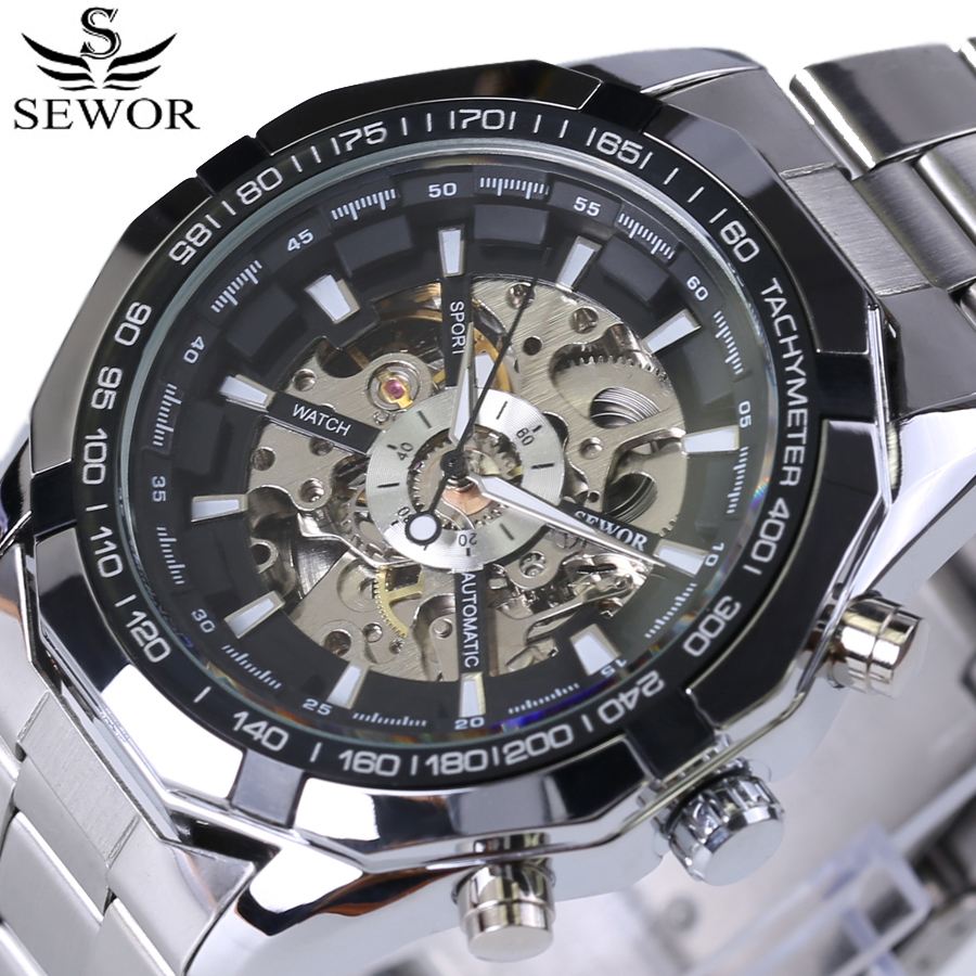 Skeleton Sport Men Watches Automatic Mechanical Military Watch Men Stainless Steel Strap