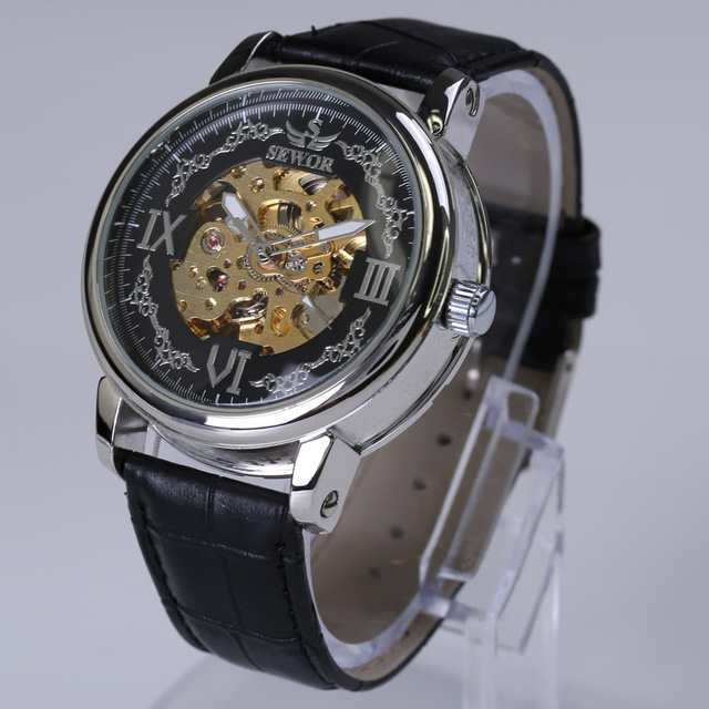 Black Leather Men Automatic mechanical Skeleton Watch Mens Sport Watch Fashion Casual Clock