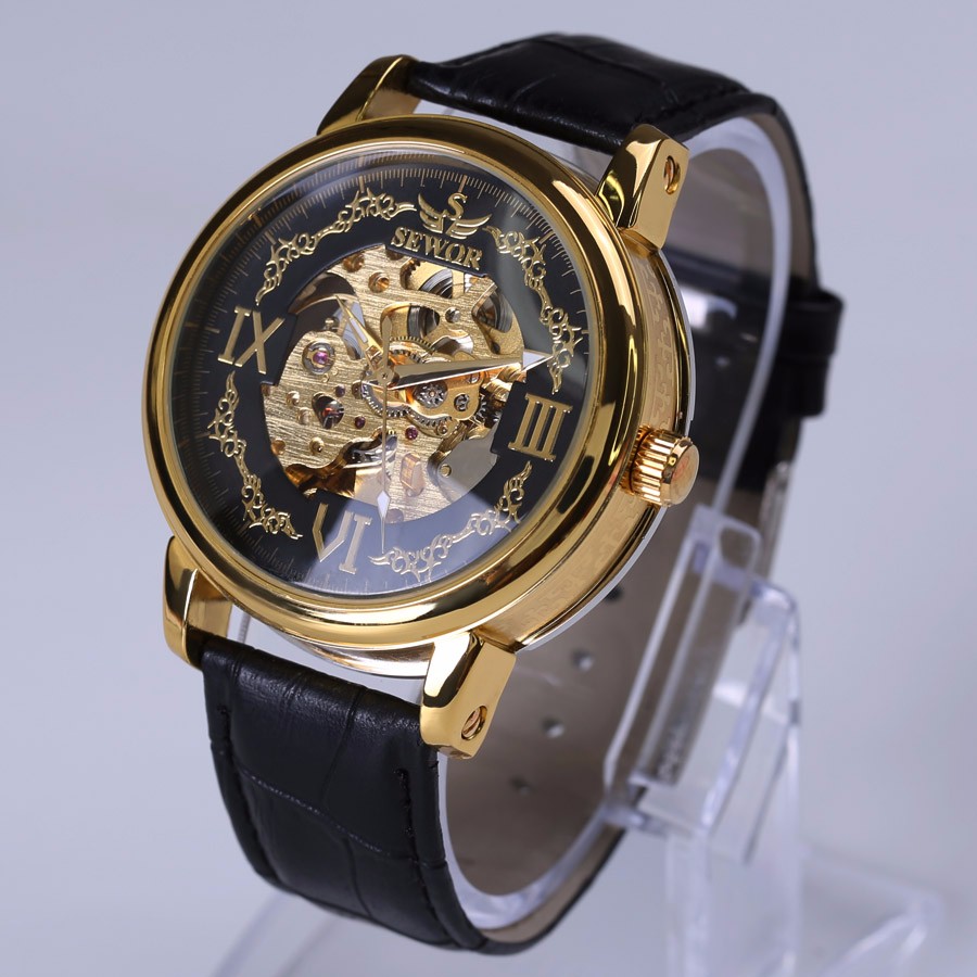 Black Leather Men Automatic mechanical Skeleton Watch Mens Sport Watch Fashion Casual Clock