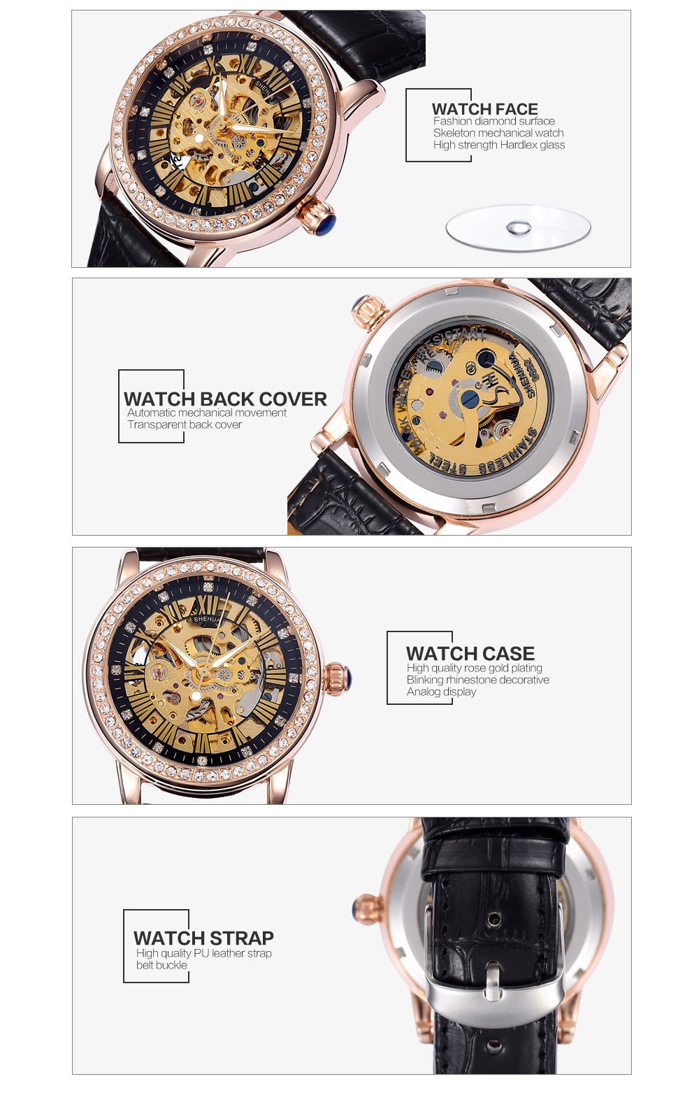 New Women Crystal Mechanical Watches Waterproof Rose Gold Automatic Mechanical Skeleton Watches