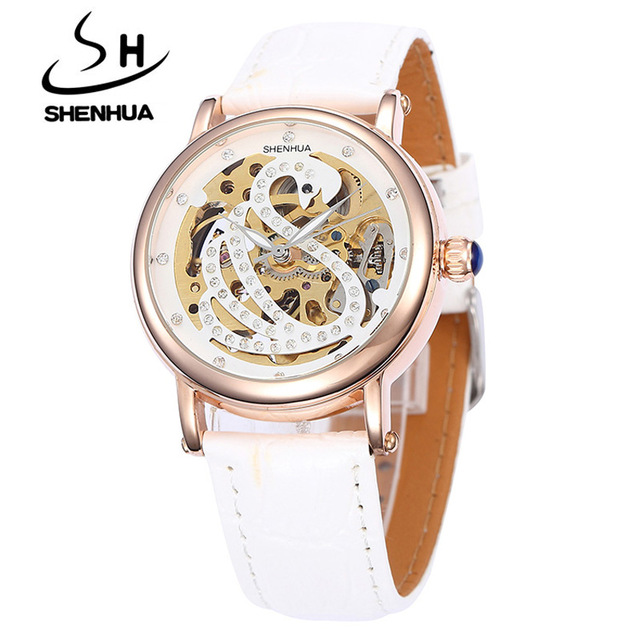 Fashion White Swan Watches Skeleton Automatic Mechanical Watches Women Bling Crystal Wrist Watch
