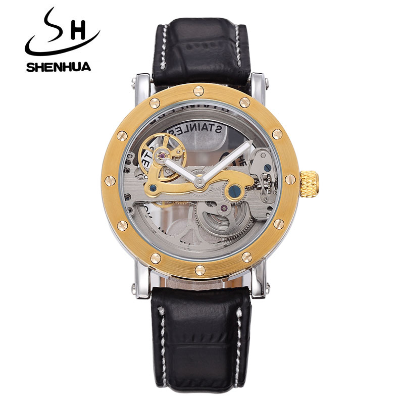 Steampunk Transparent Skeleton Crystal Flywheel Automatic Leather Strap Dress Men Mechanical Watch