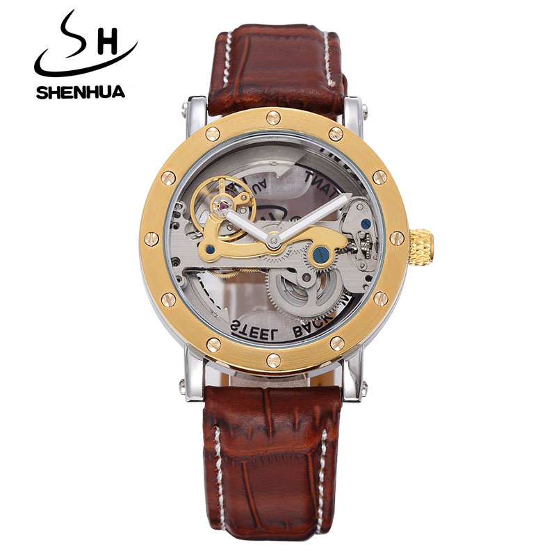 Steampunk Transparent Skeleton Crystal Flywheel Automatic Leather Strap Dress Men Mechanical Watch