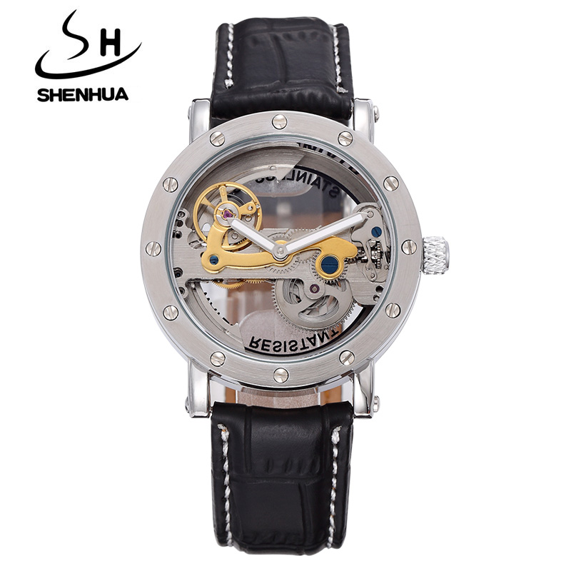Steampunk Transparent Skeleton Crystal Flywheel Automatic Leather Strap Dress Men Mechanical Watch
