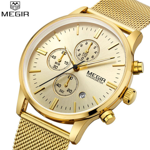 Men's quartz-watch stainless steel mesh band gold watch Slim men watches Multi-function sports clock