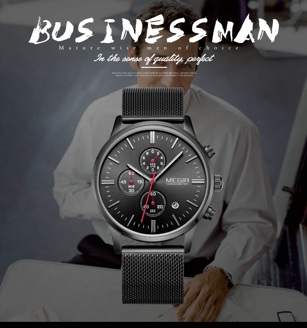 Men's quartz-watch stainless steel mesh band gold watch Slim men watches Multi-function sports clock