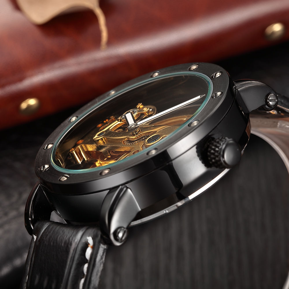 Automatic Mechanical Watches Men Leather Band Transparent Skeleton Watch Relogio Masculino