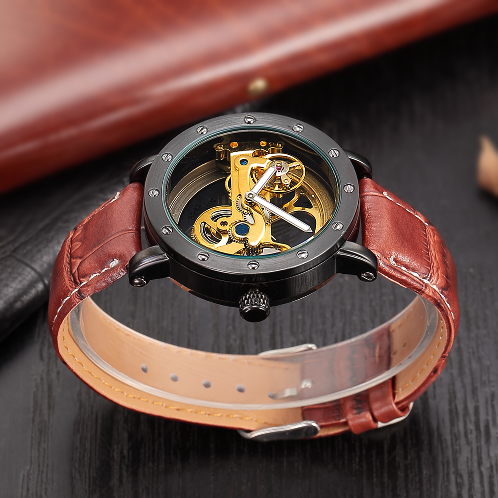 Automatic Mechanical Watches Men Leather Band Transparent Skeleton Watch Relogio Masculino