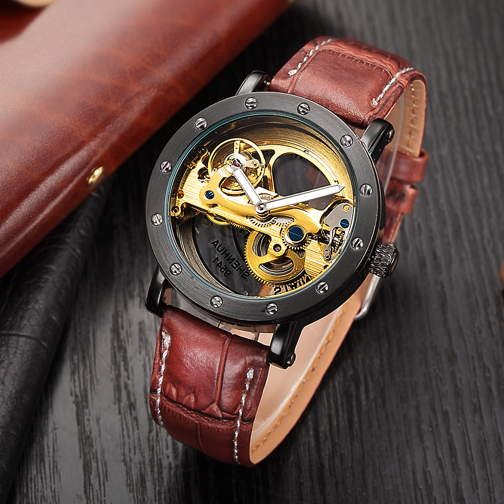 Automatic Mechanical Watches Men Leather Band Transparent Skeleton Watch Relogio Masculino