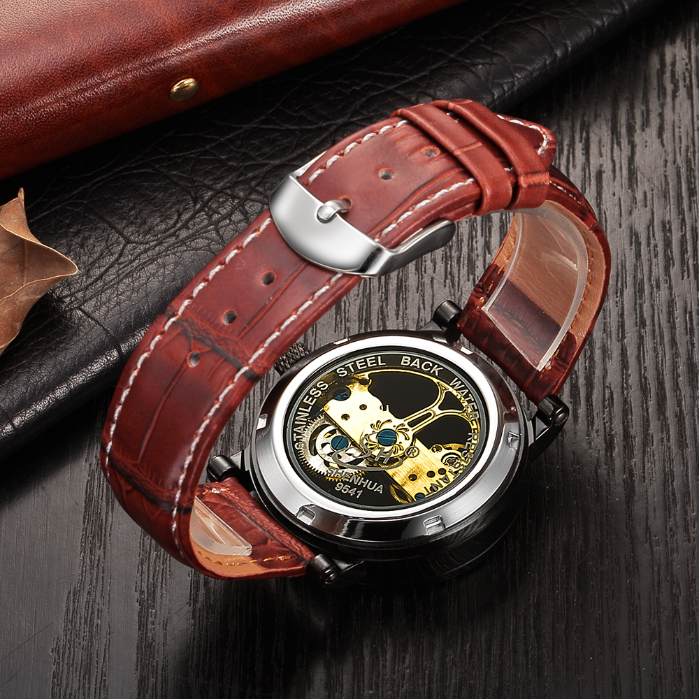 Automatic Mechanical Watches Men Leather Band Transparent Skeleton Watch Relogio Masculino