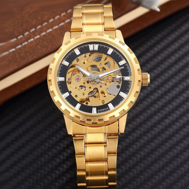 Men Mechanical Gold Skeleton Automatic Self Wind Wrist Watch For Men High Quality Alloy Gear Watch