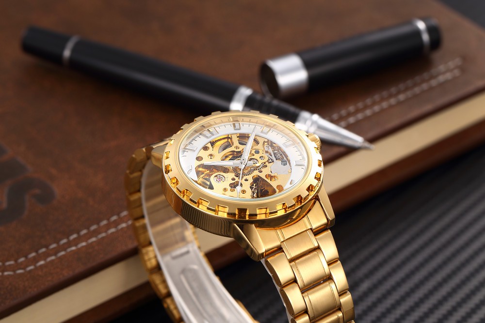 Men Mechanical Gold Skeleton Automatic Self Wind Wrist Watch For Men High Quality Alloy Gear Watch