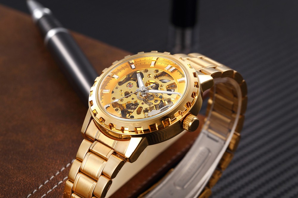 Men Mechanical Gold Skeleton Automatic Self Wind Wrist Watch For Men High Quality Alloy Gear Watch
