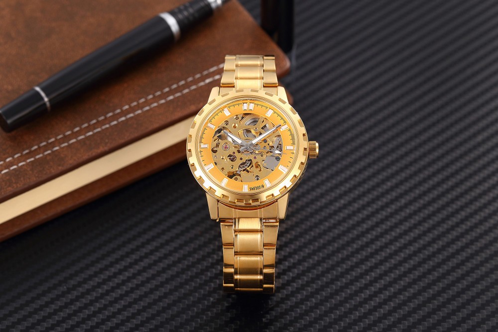 Men Mechanical Gold Skeleton Automatic Self Wind Wrist Watch For Men High Quality Alloy Gear Watch