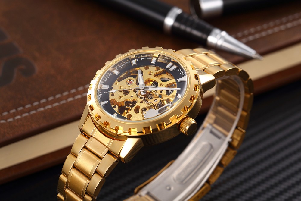 Men Mechanical Gold Skeleton Automatic Self Wind Wrist Watch For Men High Quality Alloy Gear Watch