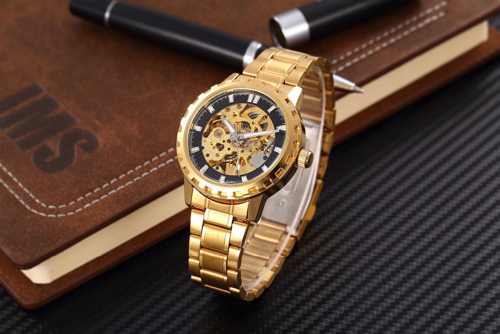 Men Mechanical Gold Skeleton Automatic Self Wind Wrist Watch For Men High Quality Alloy Gear Watch