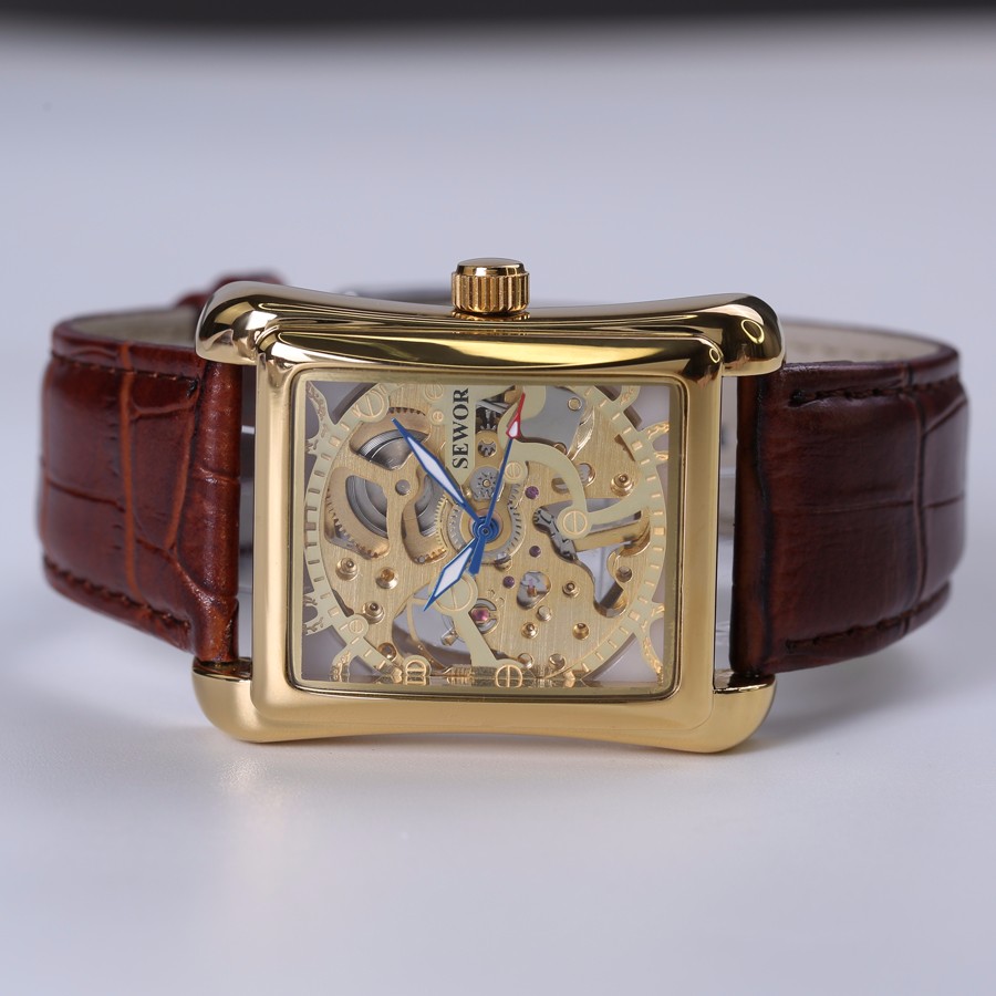 Vintage Series Men's Watch Brown Leather Mechanical Skeleton Watches Top Gold Dial Luxury Wristwatch