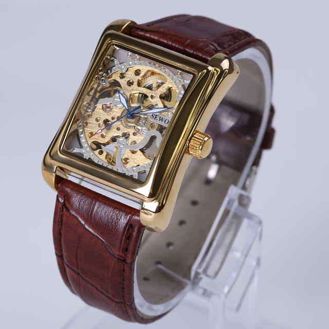 Vintage Series Men's Watch Brown Leather Mechanical Skeleton Watches Top Gold Dial Luxury Wristwatch